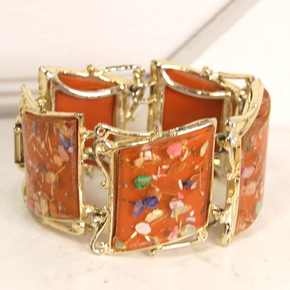 Vintage Cuff Bracelet Confetti Lucite PAM Gold-one Orange - Picture 5 of 8